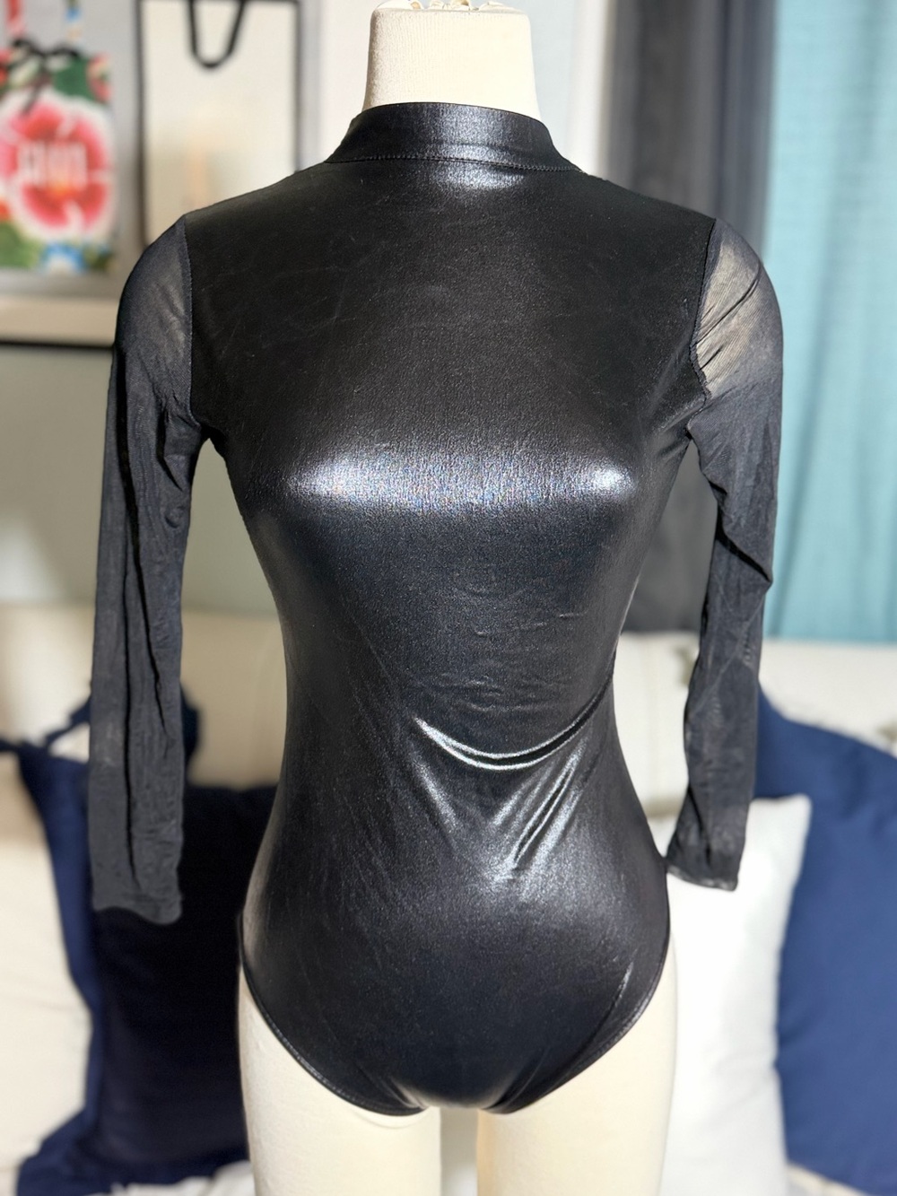 Sleek Black Mock Neck Long-Sleeve Bodysuit